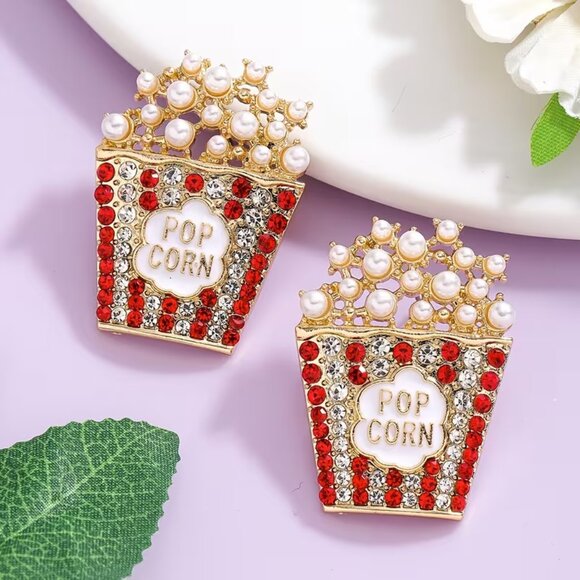 POPCORN Earrings Movie Theater Motif Glitzy Crystal and Faux Pearl Studded NEW! - Picture 4 of 8